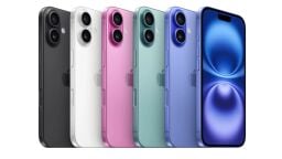 Six iPhone 16S phones of different colors appear in a row.