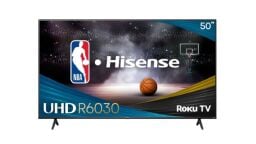A Hisense 50" Class R6 Series 4K UHD Roku Smart TV appears on a white background.