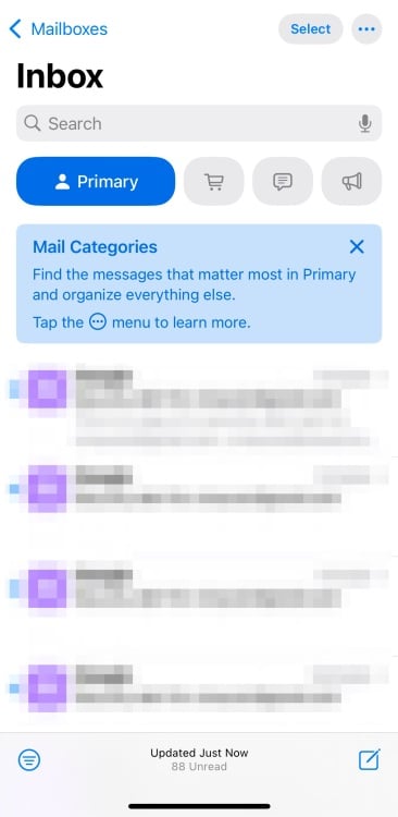 Mail app showing the Primary category