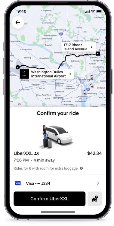 UberXXL reserve option on a smartphone