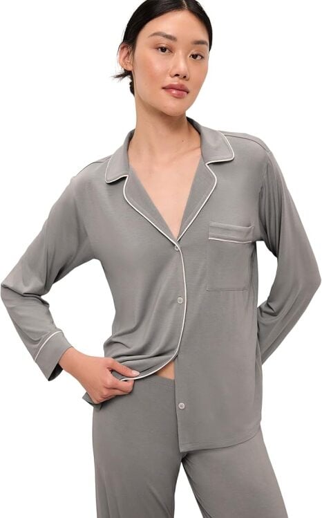 woman wearing gray pajama set