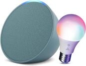 teal Echo Pop with Globe Electric smart color bulb