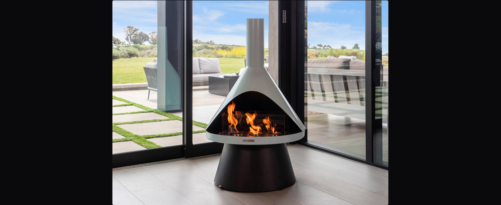 fireplace in front of a window