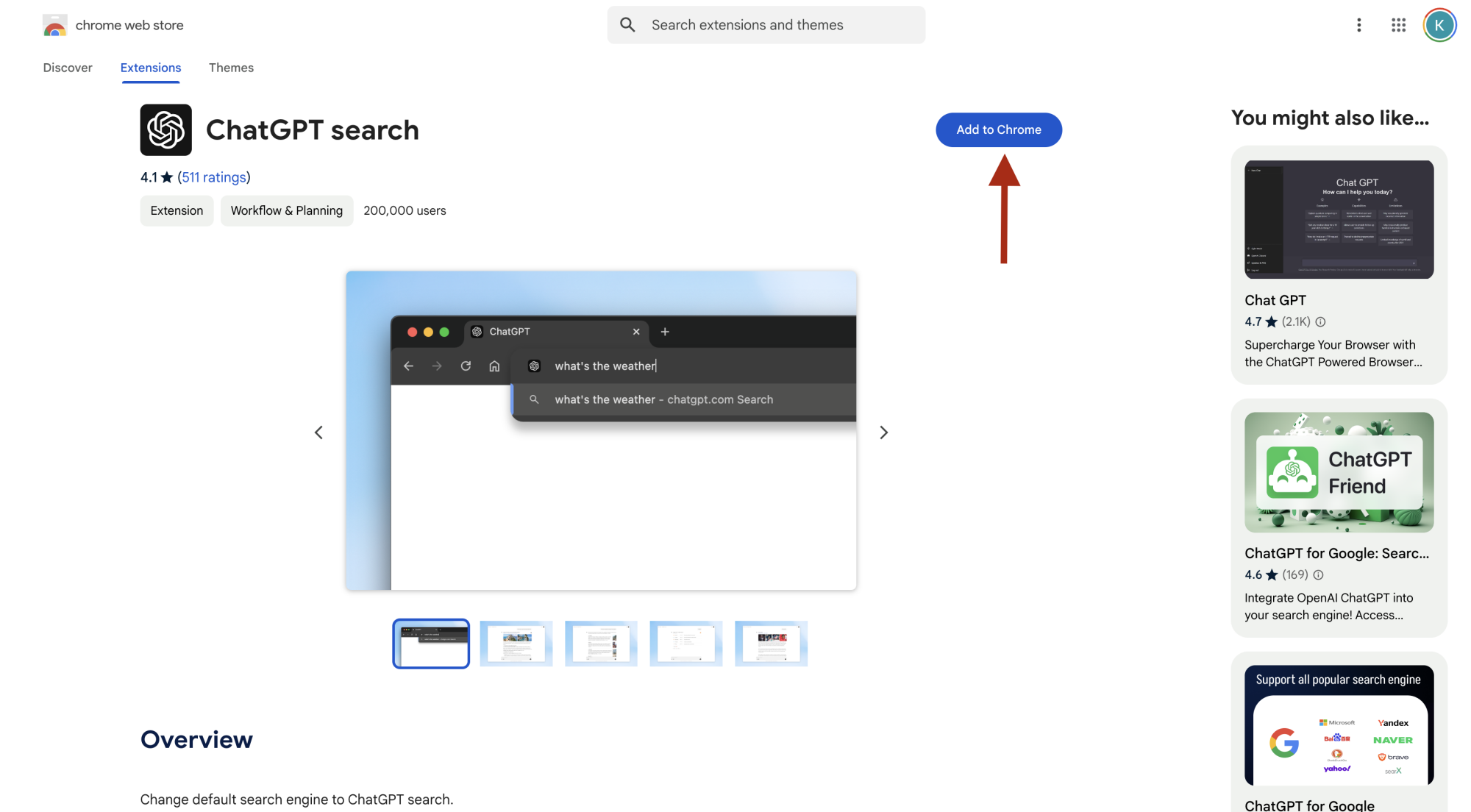Screenshot of ChatGPT Search's Chrome Web Store page