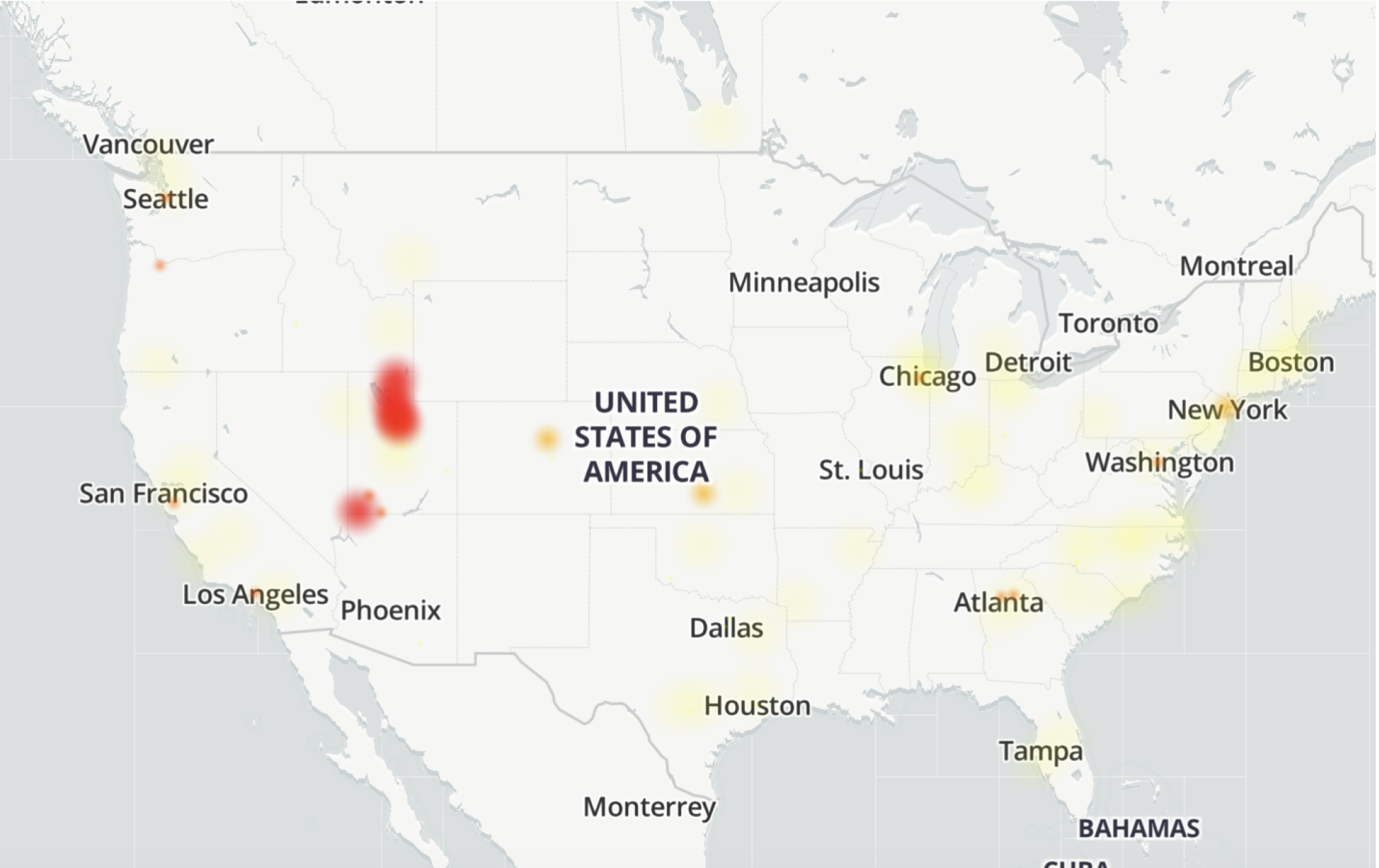 A heatmap with reduced outage activity, showing fewer and less intense hotspots, mainly around Los Angeles and Phoenix, with some light activity in other areas.