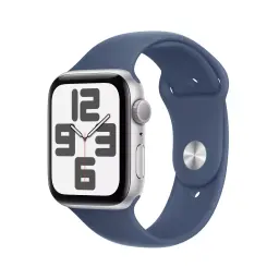 silver apple watch se with blue sport band on a white background