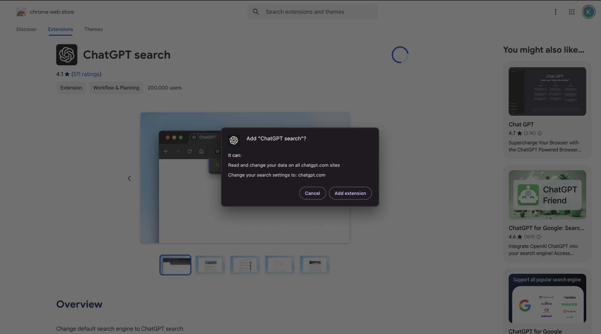 Screenshot of ChatGPT Search's Chrome Web Store page