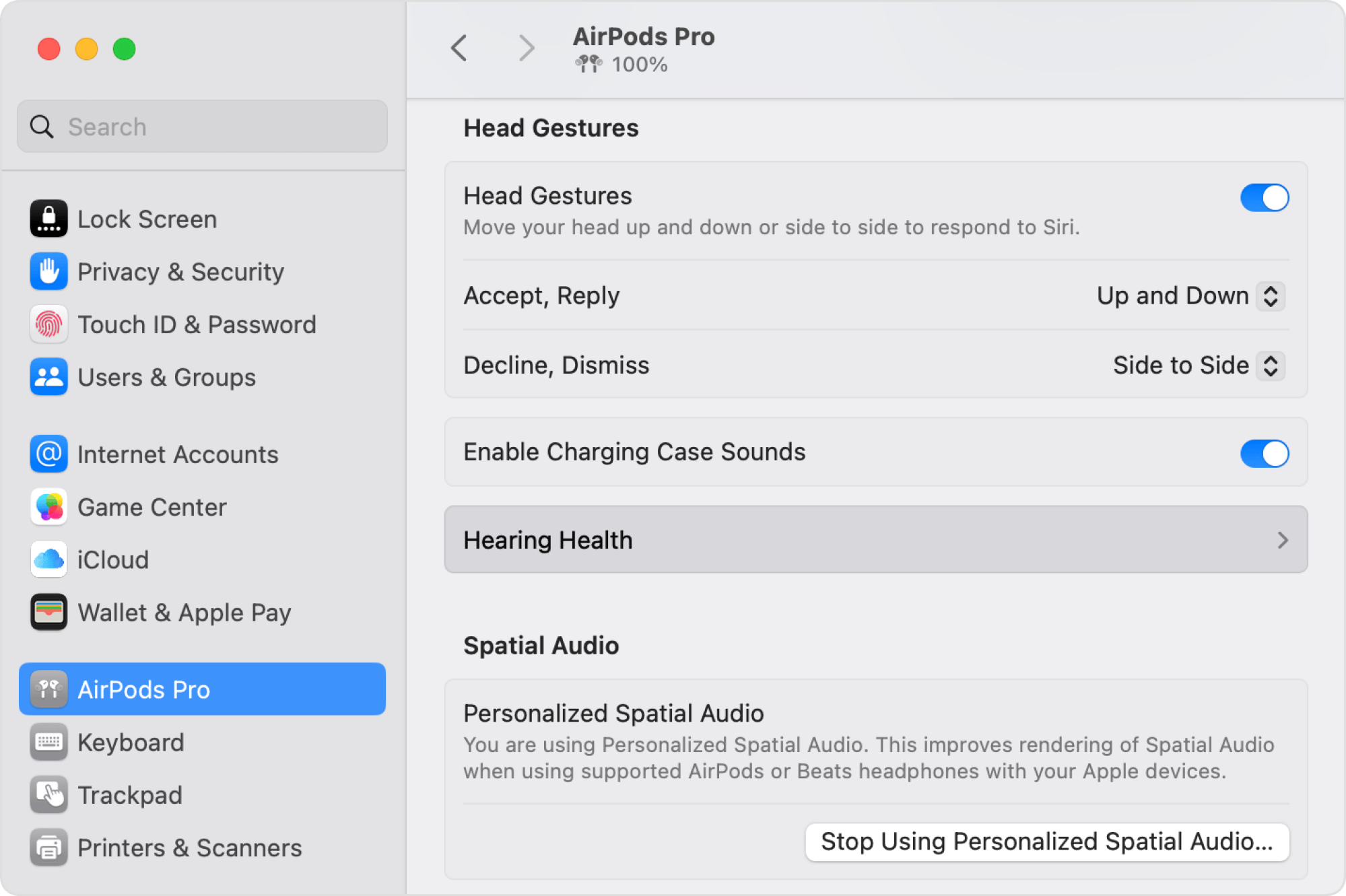 The settings menu for AirPods Pro on MacOS. 