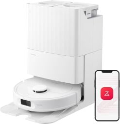 White Roborock Qrevo S robot vacuum, self-empty dock, and smartphone with Roborock logo on screen