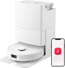 White Roborock Qrevo S robot vacuum, self-empty dock, and smartphone with Roborock logo on screen