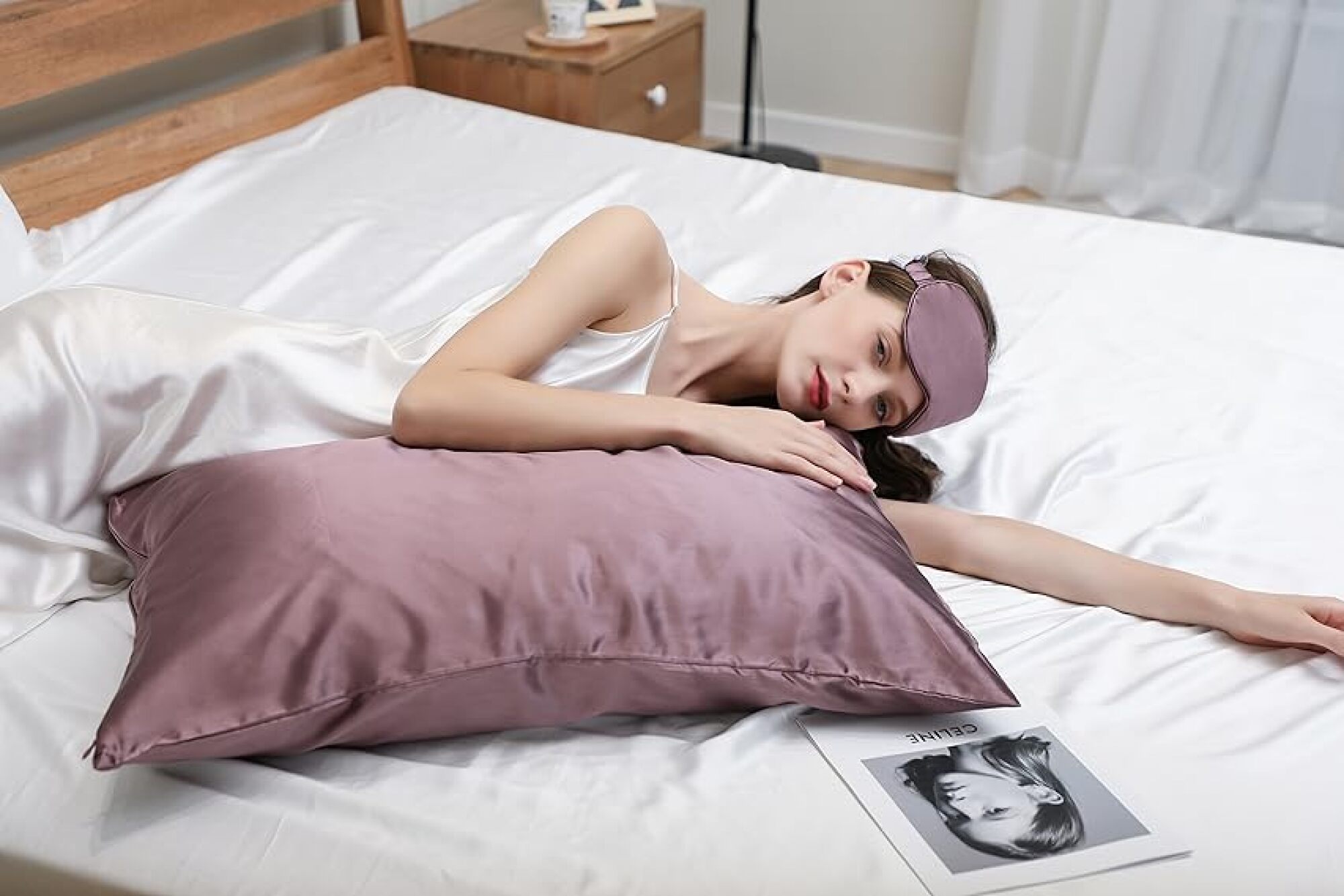 woman with silk pillowcase and