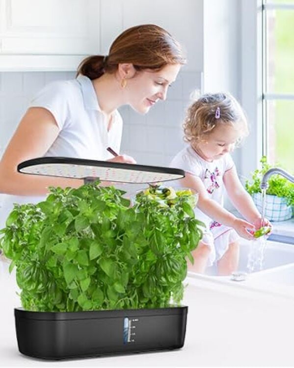 woman and child with indoor plant