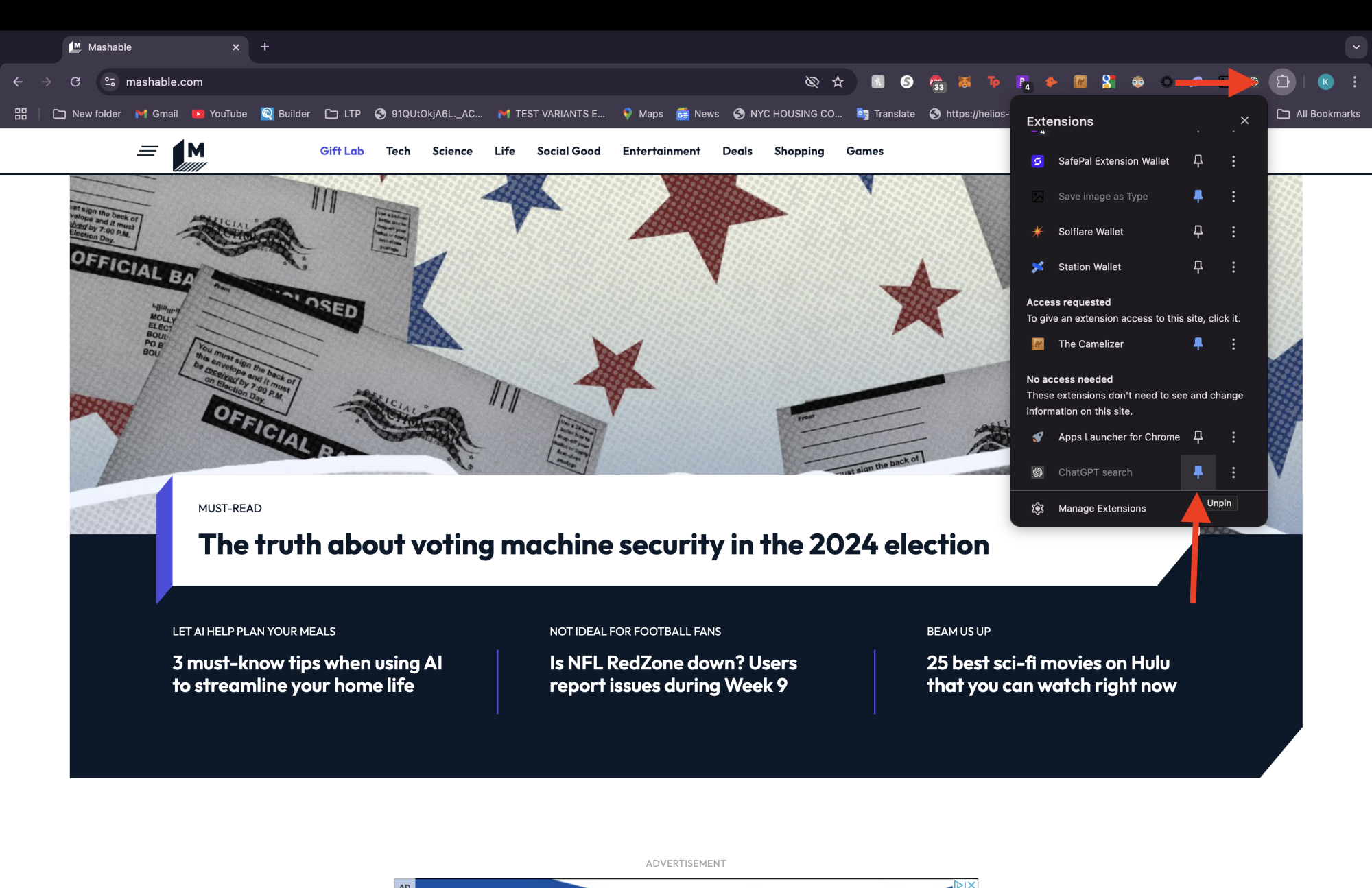 Screenshot of Mashable homepage as well as Chrome Extensions drop-down menu