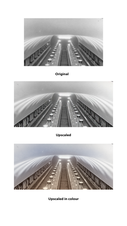 Three images of a London Underground Escalator, 1930-1940 before and after being upscaled.