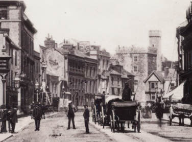 A black and white image of Cardiff High Street, 1880.