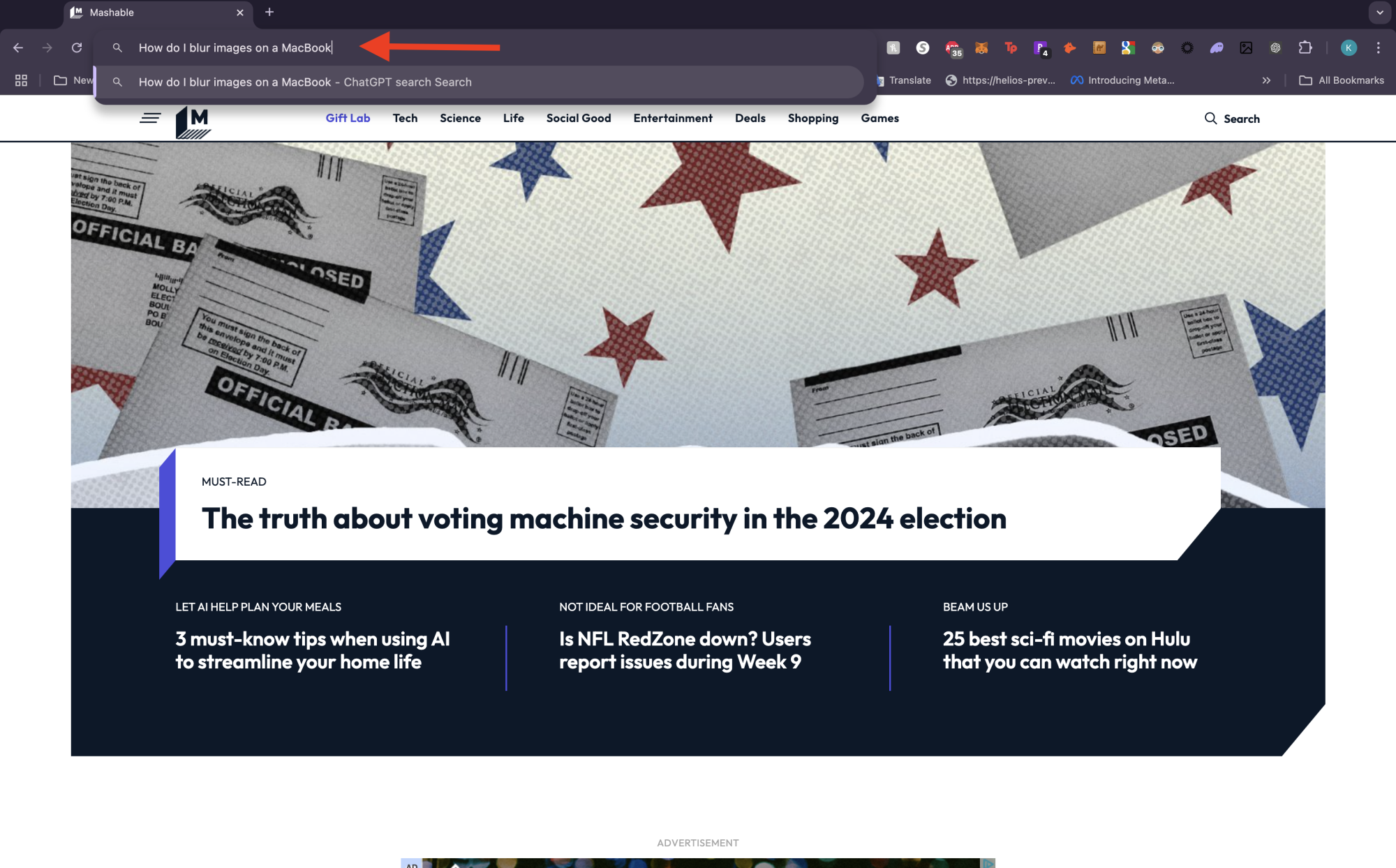 Screenshot of Mashable homepage as well as ChatGPT Search query