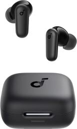 black Soundcore P30i earbuds hovering black case