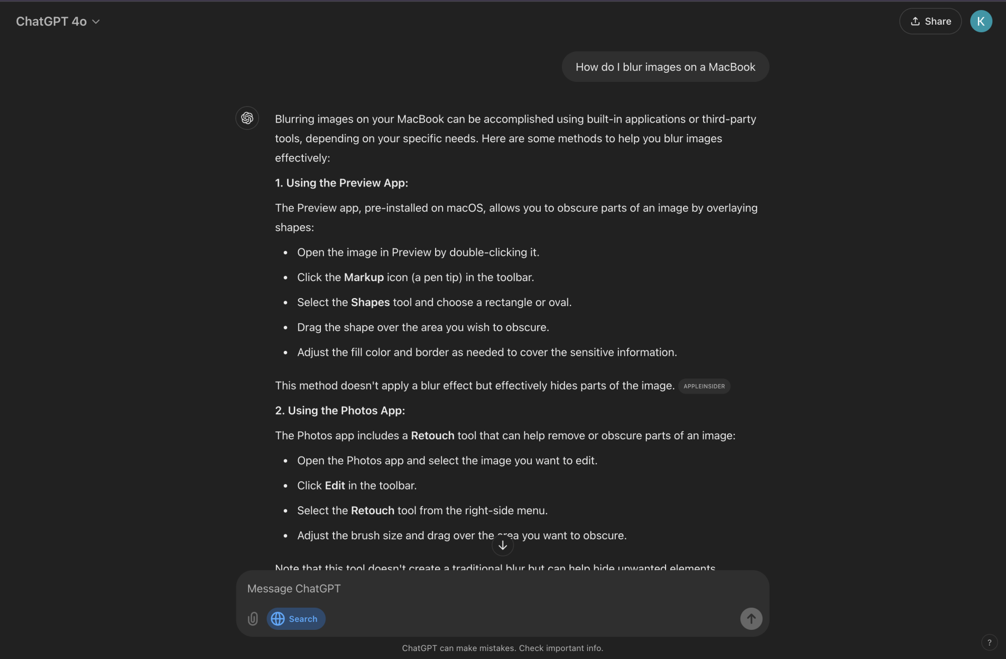 Screenshot of ChatGPT Search query