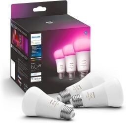 three hue light bulbs in front of their box