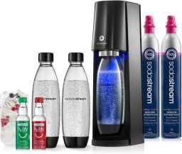 SodaStream E-Terra with co2 cylinders, carbonating bottles, and bubly drops