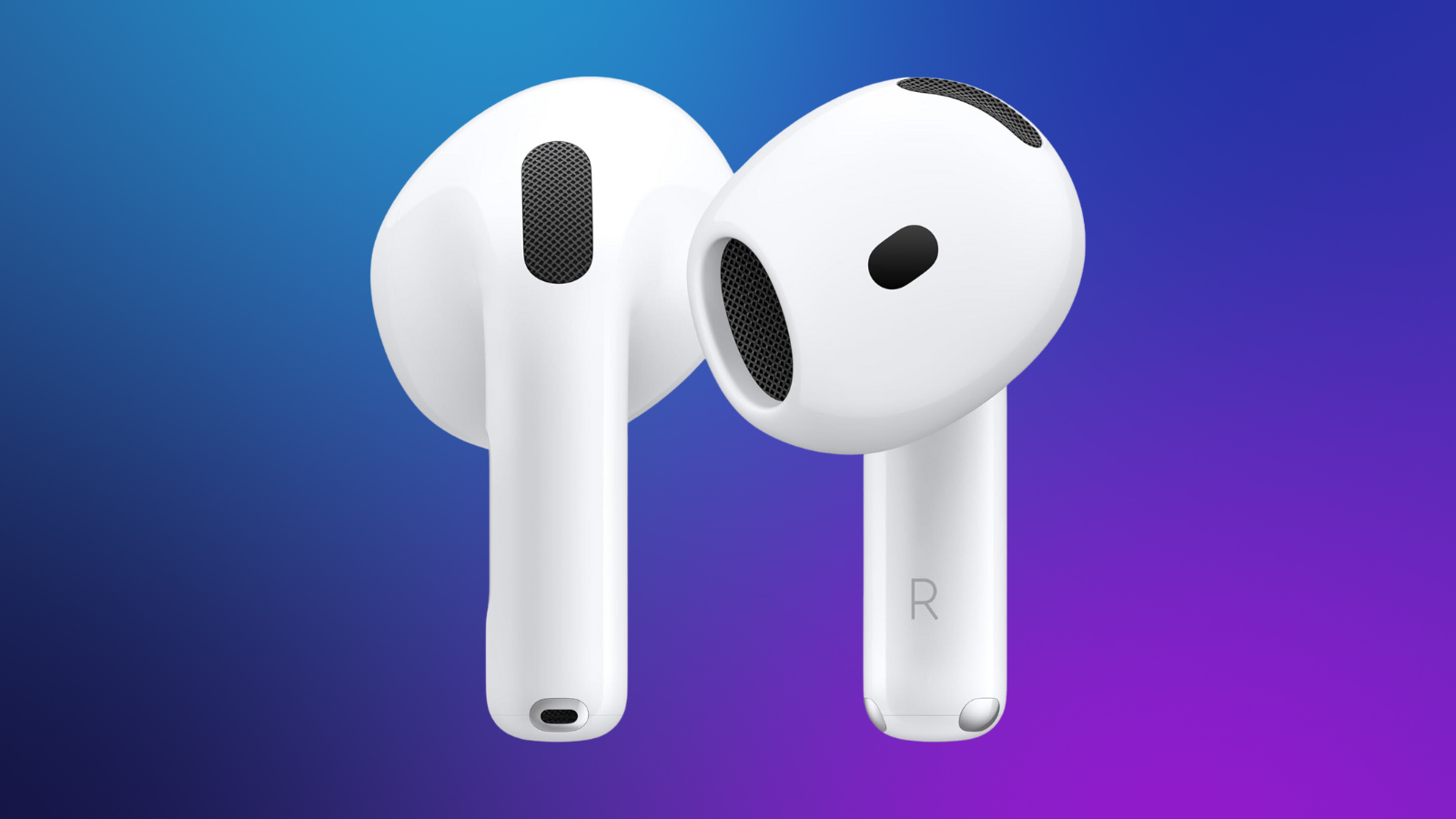 Apple AirPods 4 on a purple gradient background