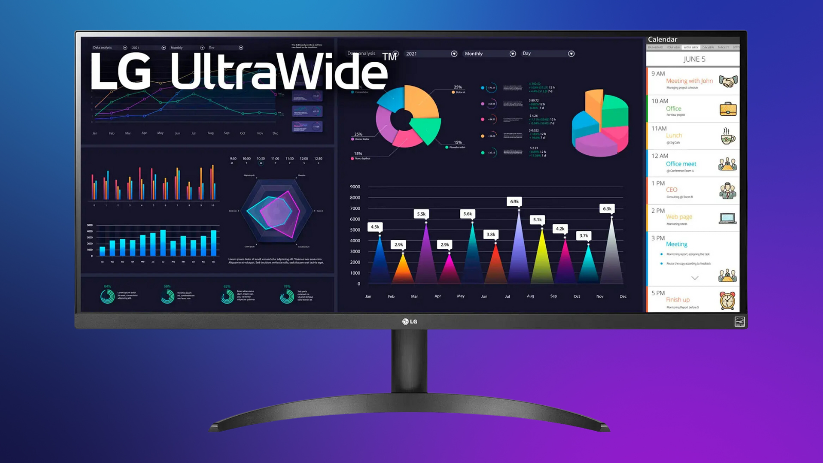 LG UltraWide monitor on a purple gradient background