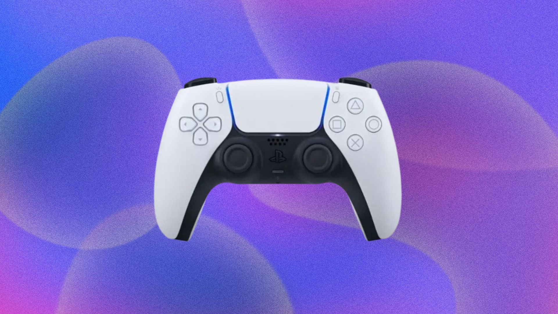 A PlayStation 5 DualSense Wireless Controller appears on a purple, swirly abstract background.