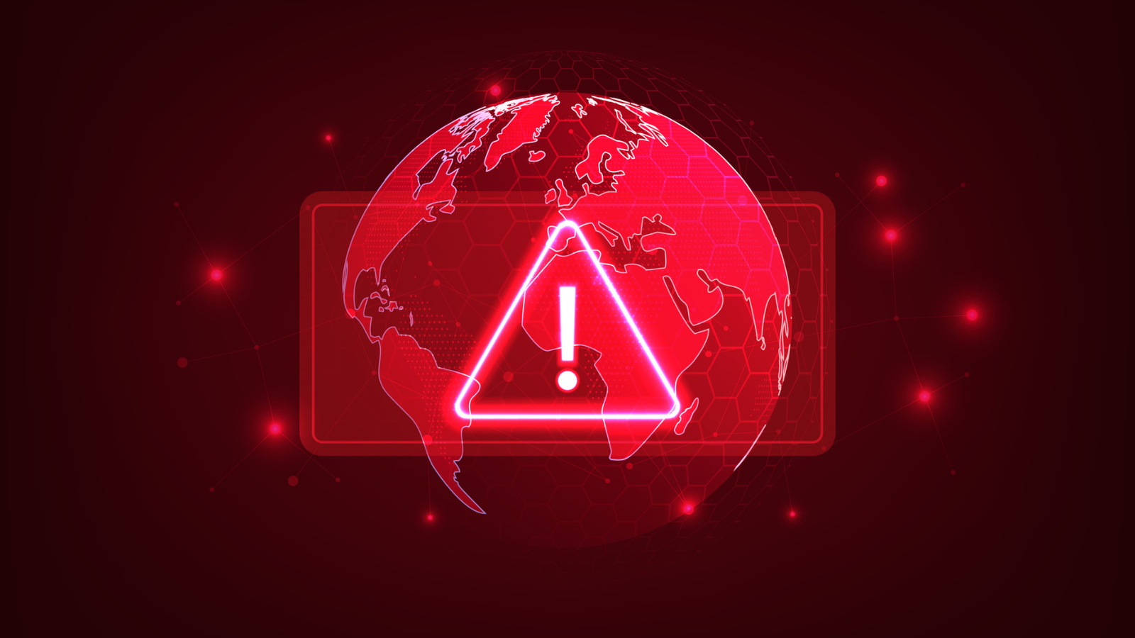 An illustration of a red globe with a red alert symbol on top of it.