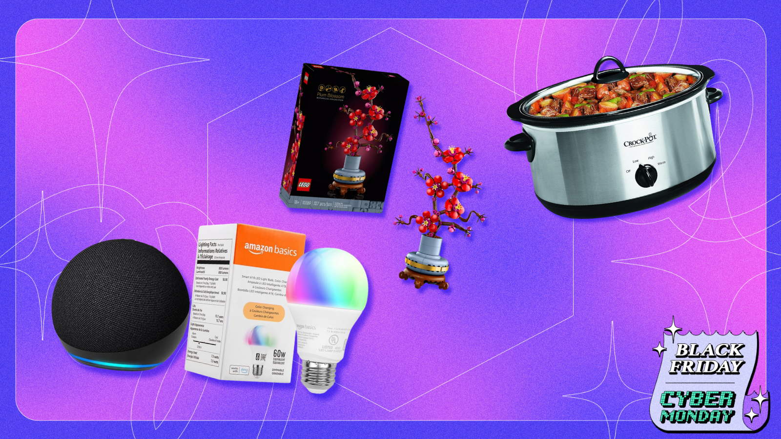 Amazon Echo Dot and smart Bulb, Lego flower, and Crock-Pot with purple and pink background