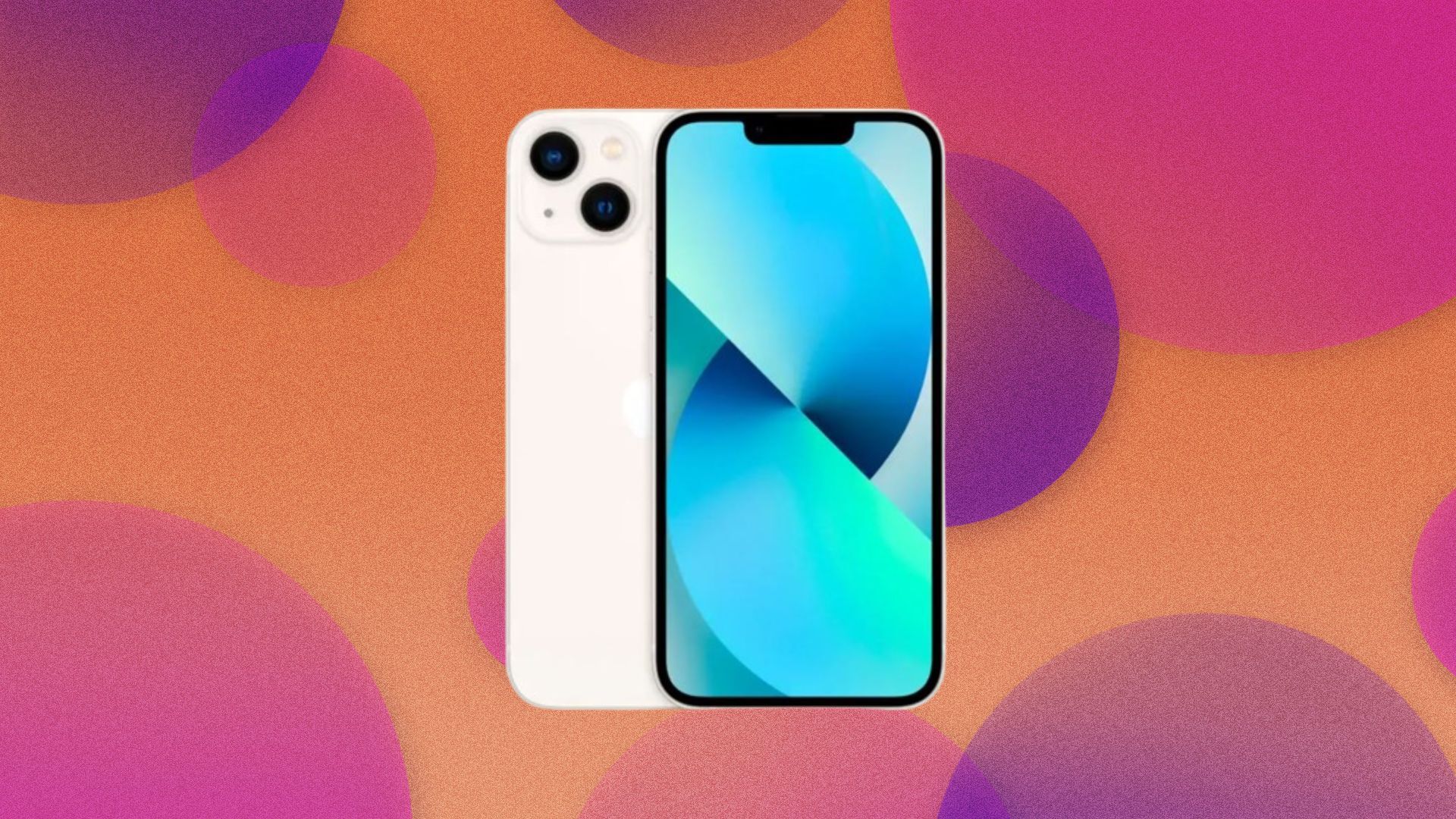 Two iPhone 13s appear on a purple and orange background with abstract bubbles.