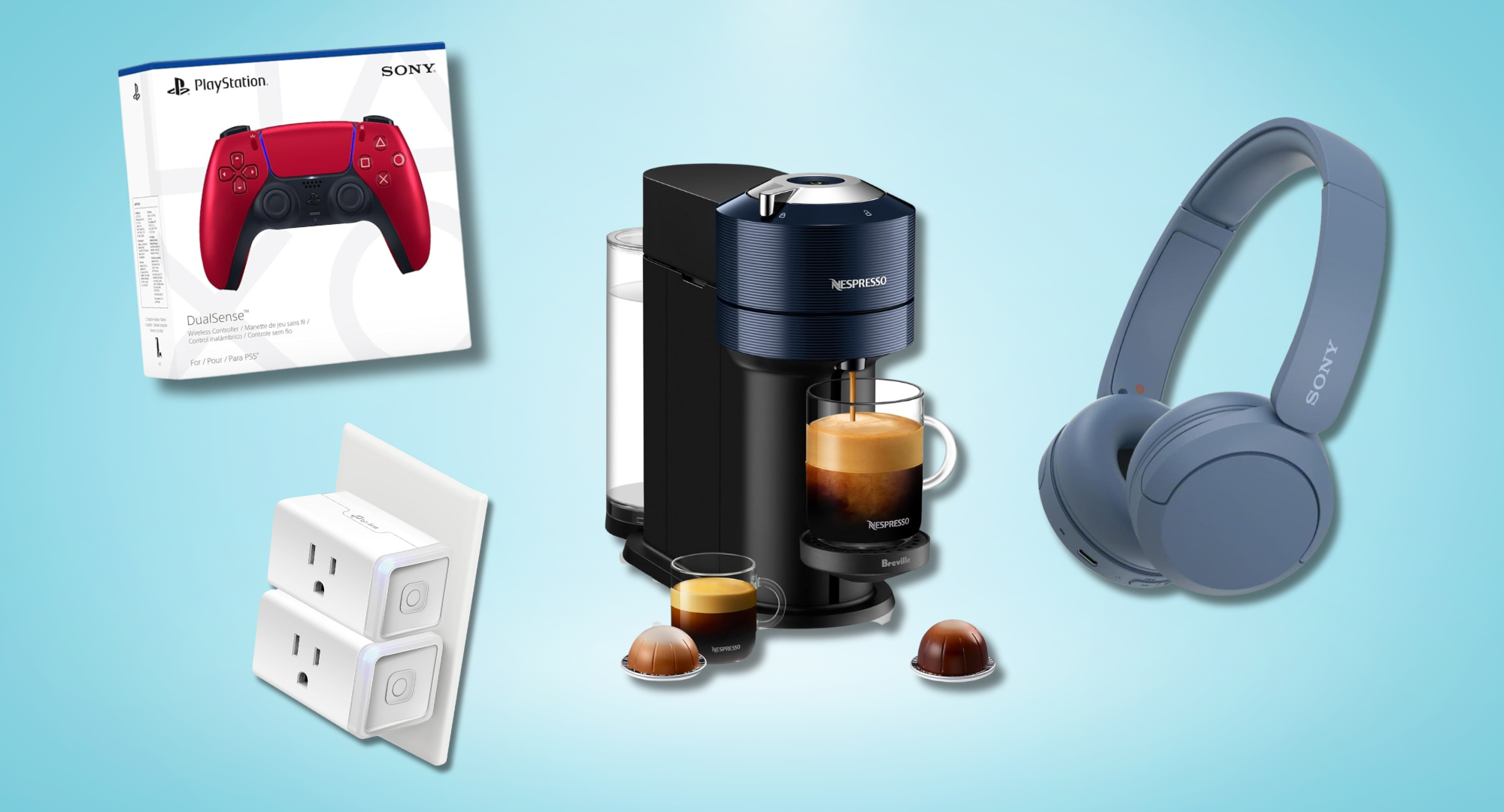 A red PlayStation 5 controller, a Nespresso Vertuo coffee machine with pods, a pair of blue wireless headphones, and a white smart plug against a light blue background.