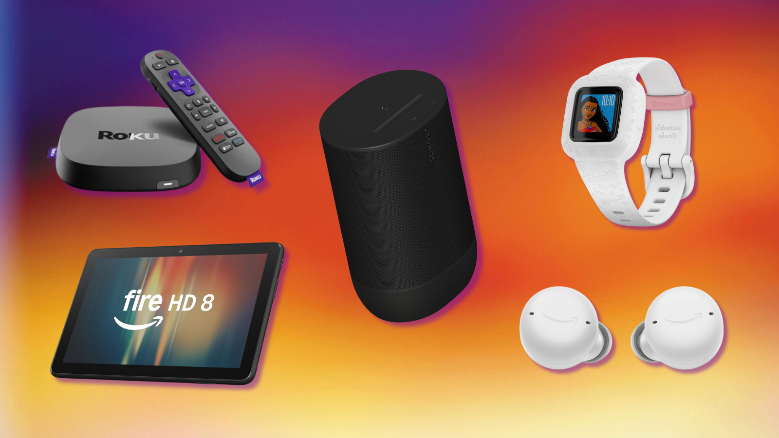 Amazon Echo Buds, Sonos Move 2, Fire HD 8 tablet, Roku Ultra, and Garmin vivofit jr. with colorful background