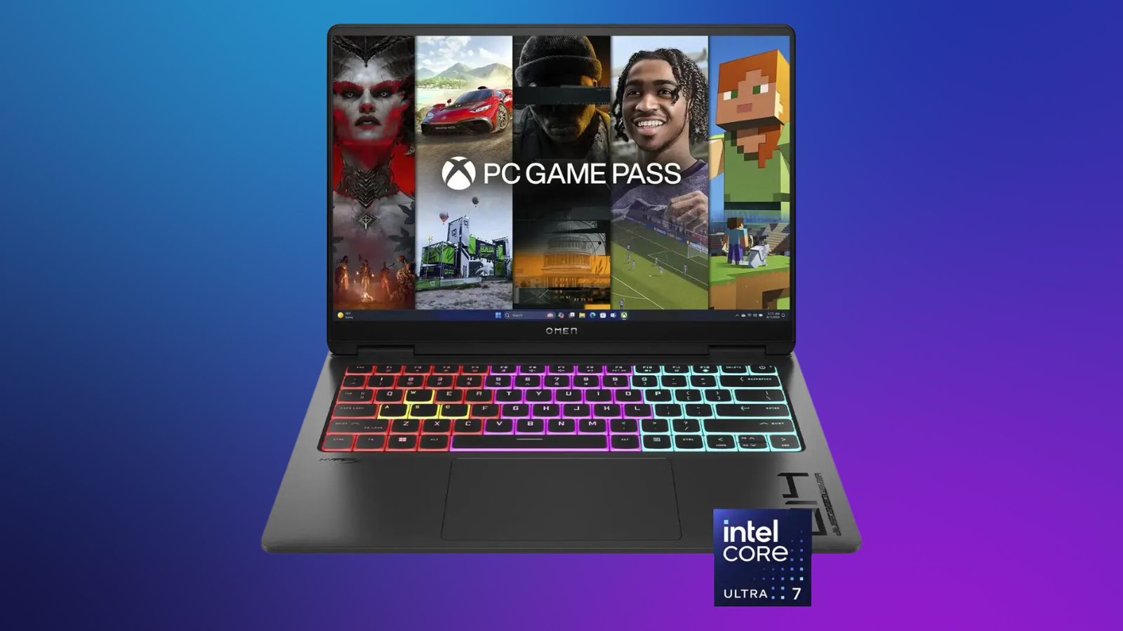 HP Omen 14 gaming laptop on a purple gradient background