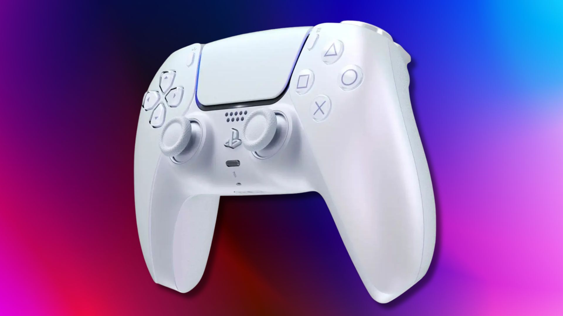 chroma pearl dualsense wireless controller angled on a blue, red, pink, and black gradient background