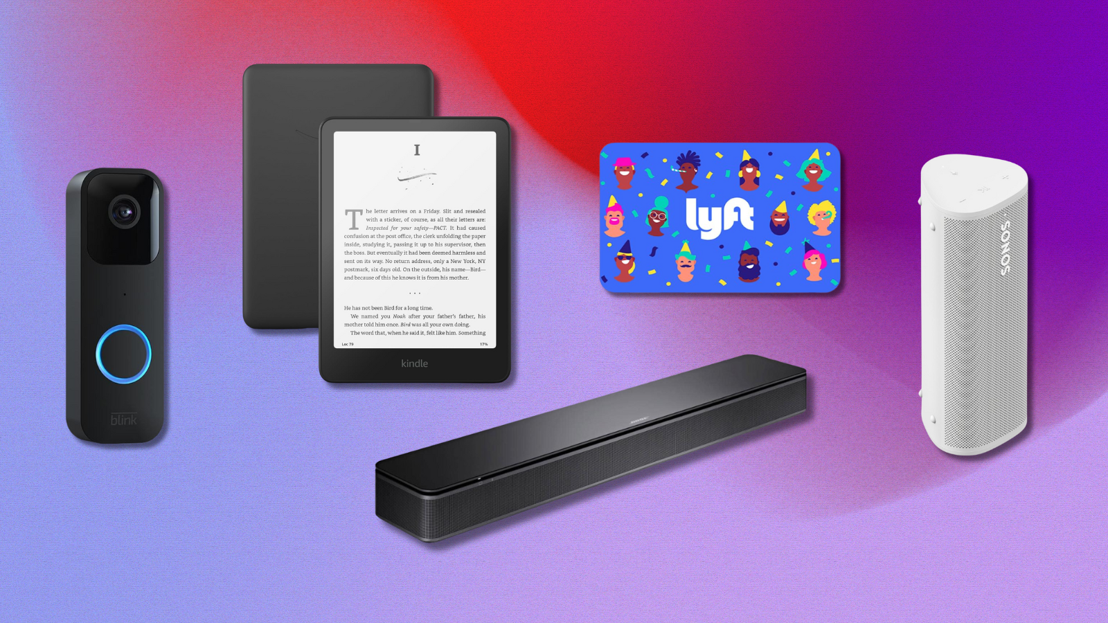 Blink doorbell, Bose TV speaker, Kindle Paperwhite, Lyft gift card, and Sonos speaker with purple and red background