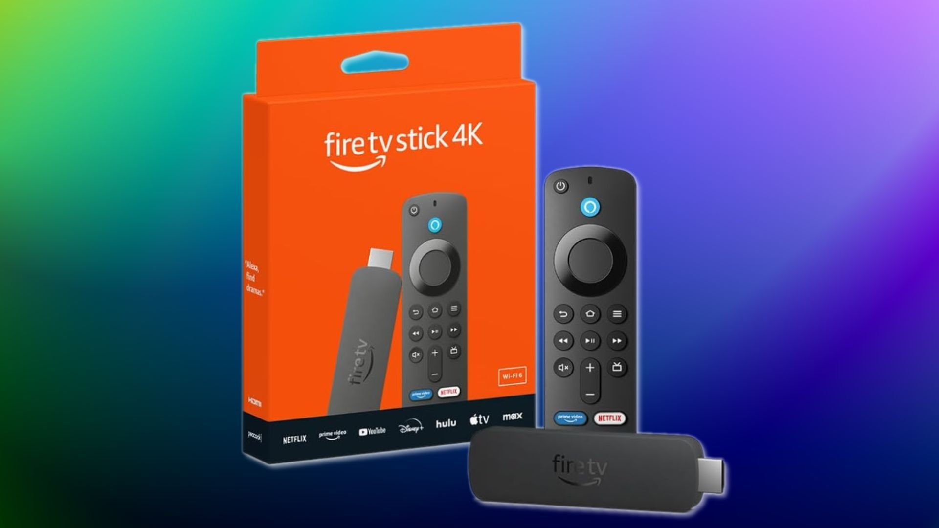 amazon fire tv stick 4k packaging on the left and the streaming stick on the right against a green, purple, and black gradient background