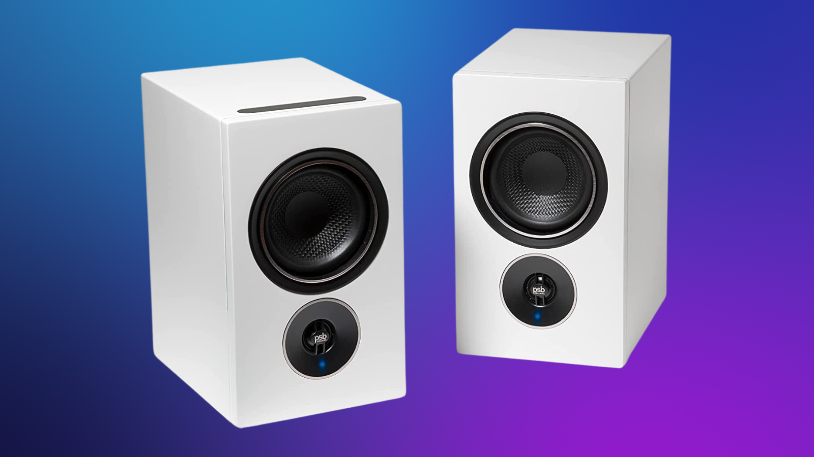 PSB Alpha iQ speakers on a purple gradient background