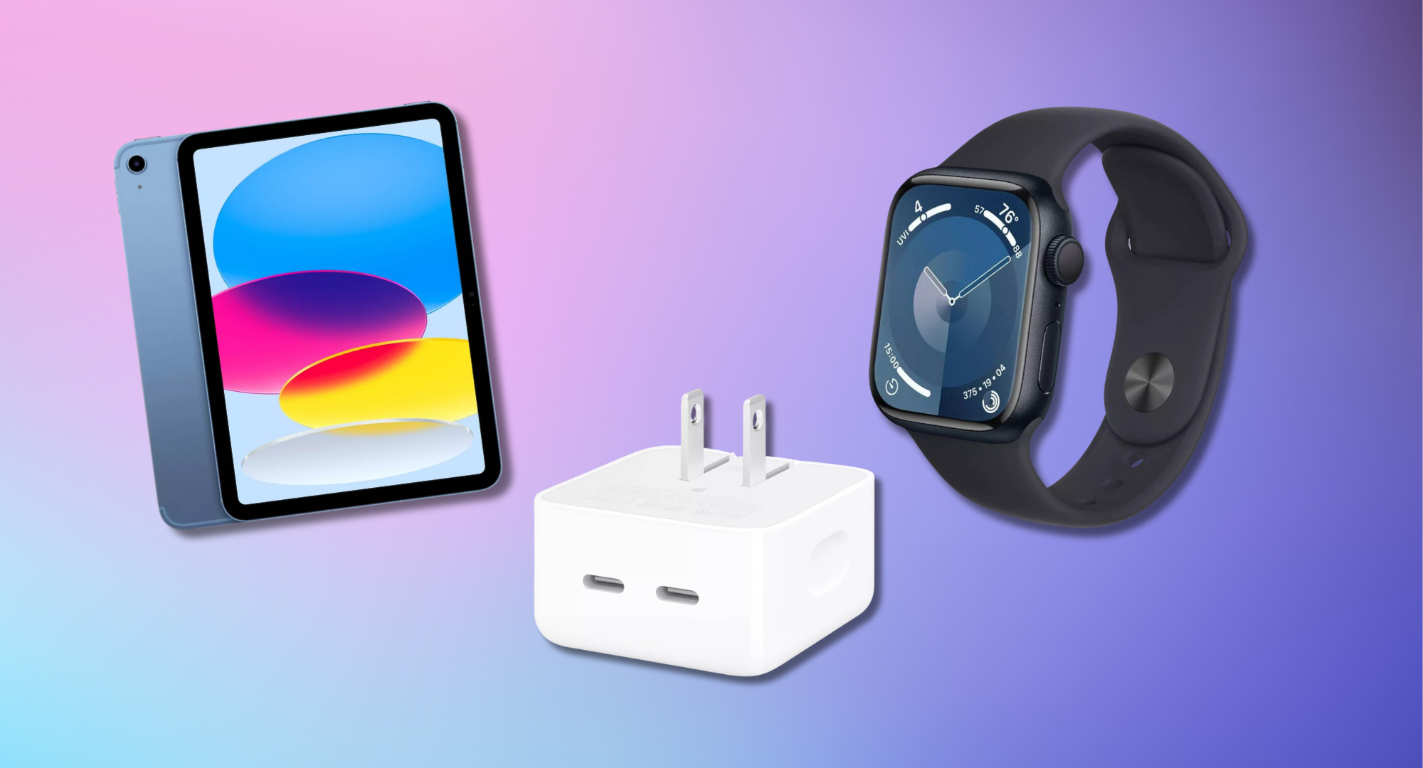 An Apple iPad, Apple Watch, and a white charging block against a gradient background.