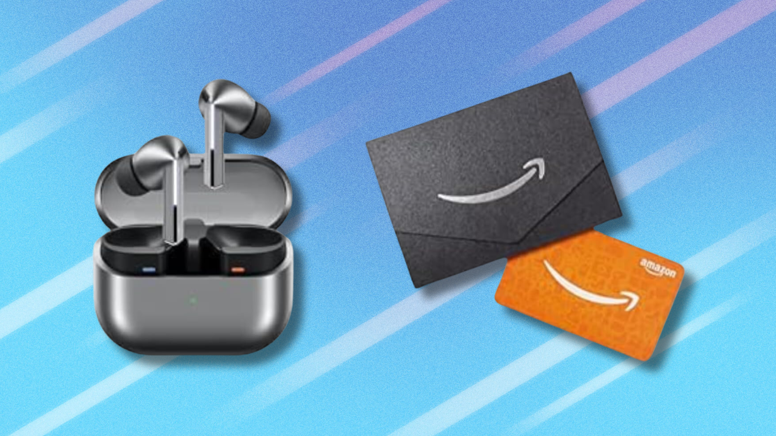 Samsung Galaxy Buds3 Pro and Amazon gift card on light blue abstract background