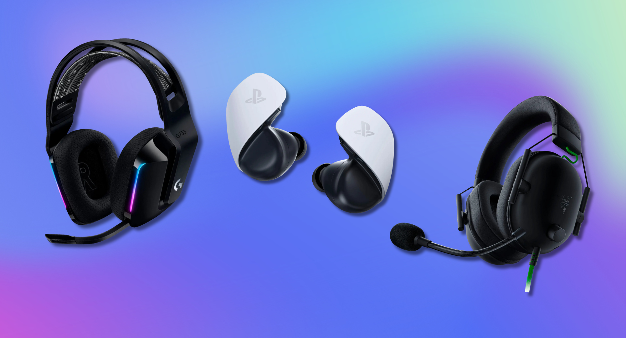 Three different styles of Playstation gaming headsets against a gradient background.
