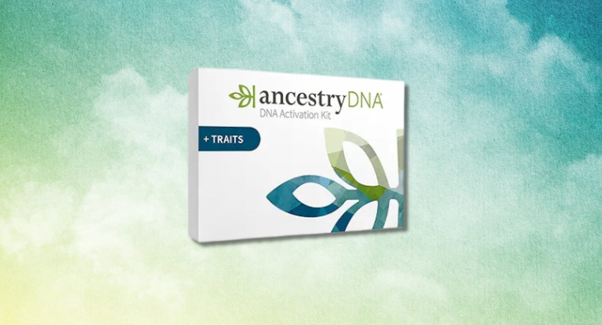 An AncestryDNA kit in front of a green and blue background.