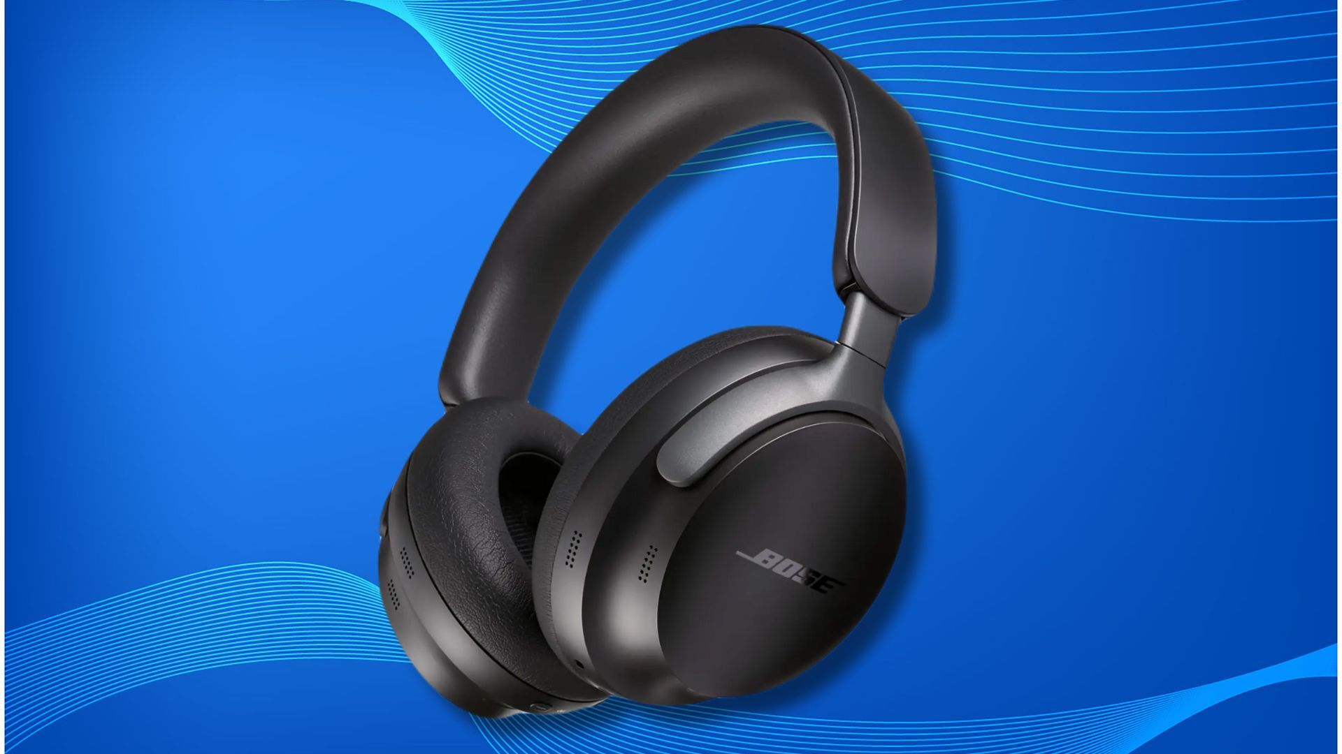 black bose quietcomfort ultra headphones on a blue background with soundwaves across the top and bottom
