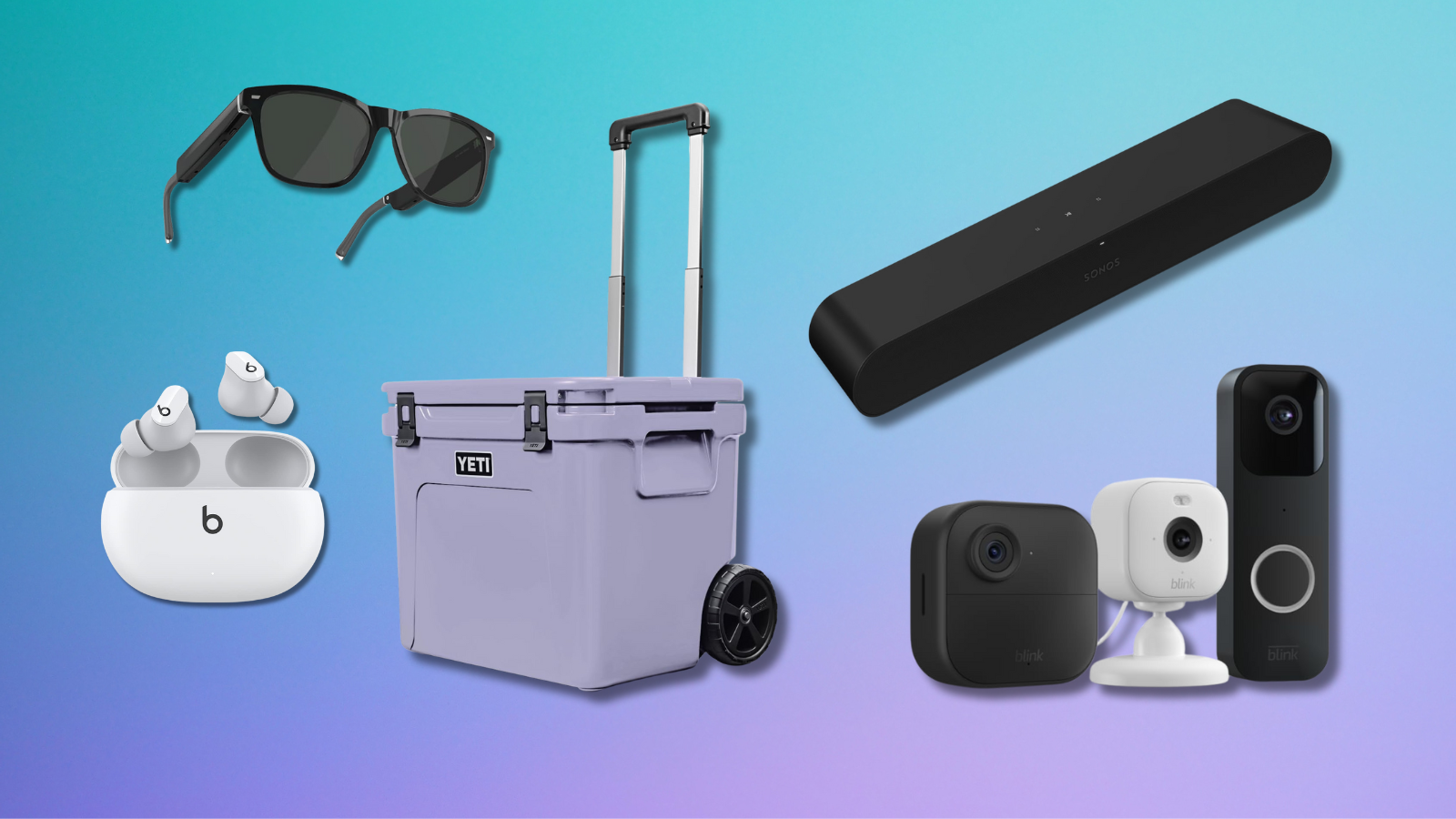 Amazon Echo Frames, Beats Studio Buds, Yeti cooler, Sonos Ray soundbar, and Blink camera bundle with purple and blue gradient background