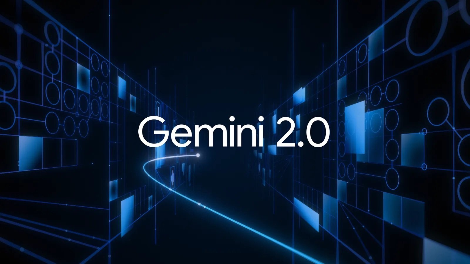 Gemini 2.0 logo against a dark blue abstract background