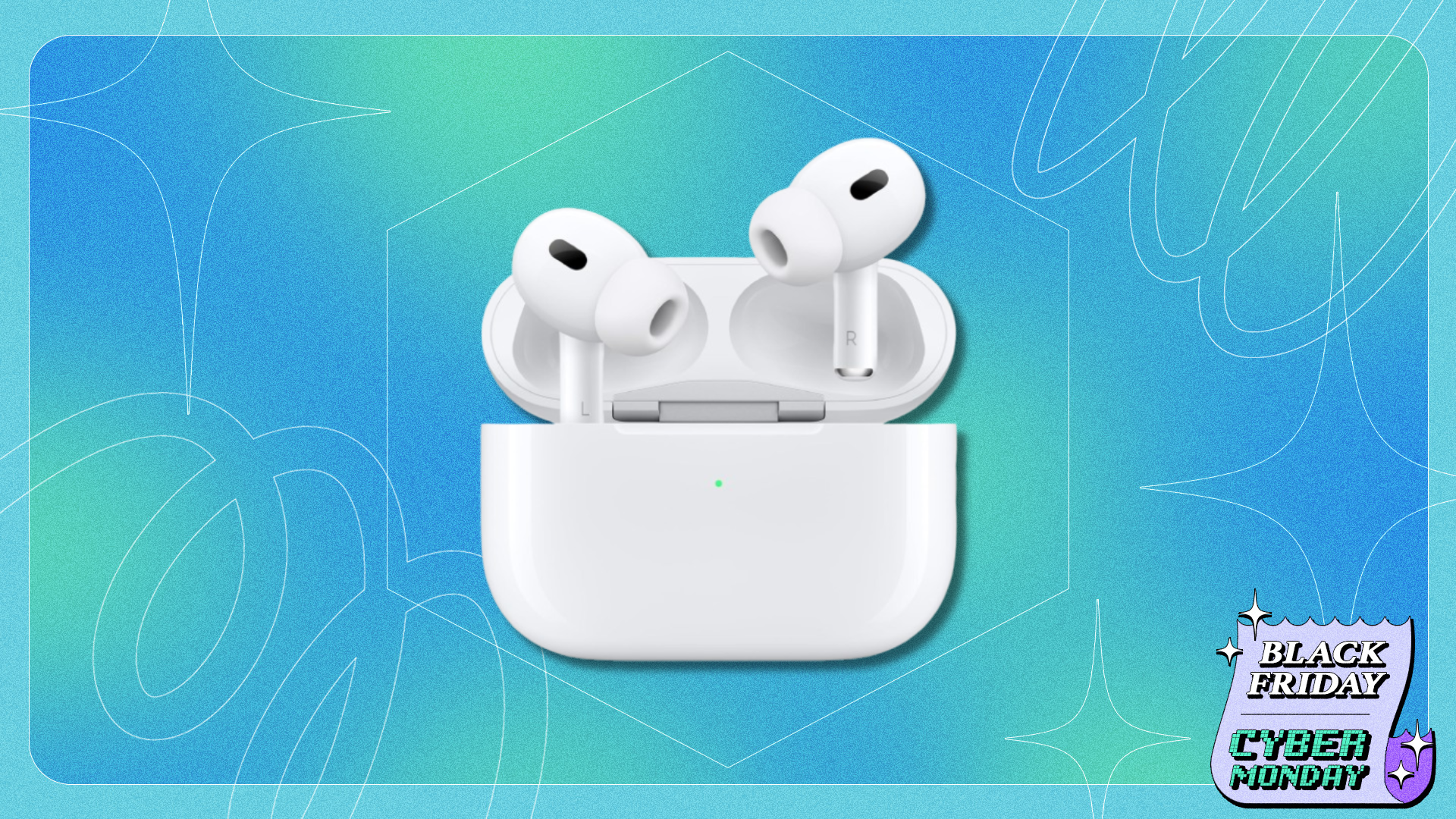 A pair of Apple AirPods Pro 2 overlaying a colorful background