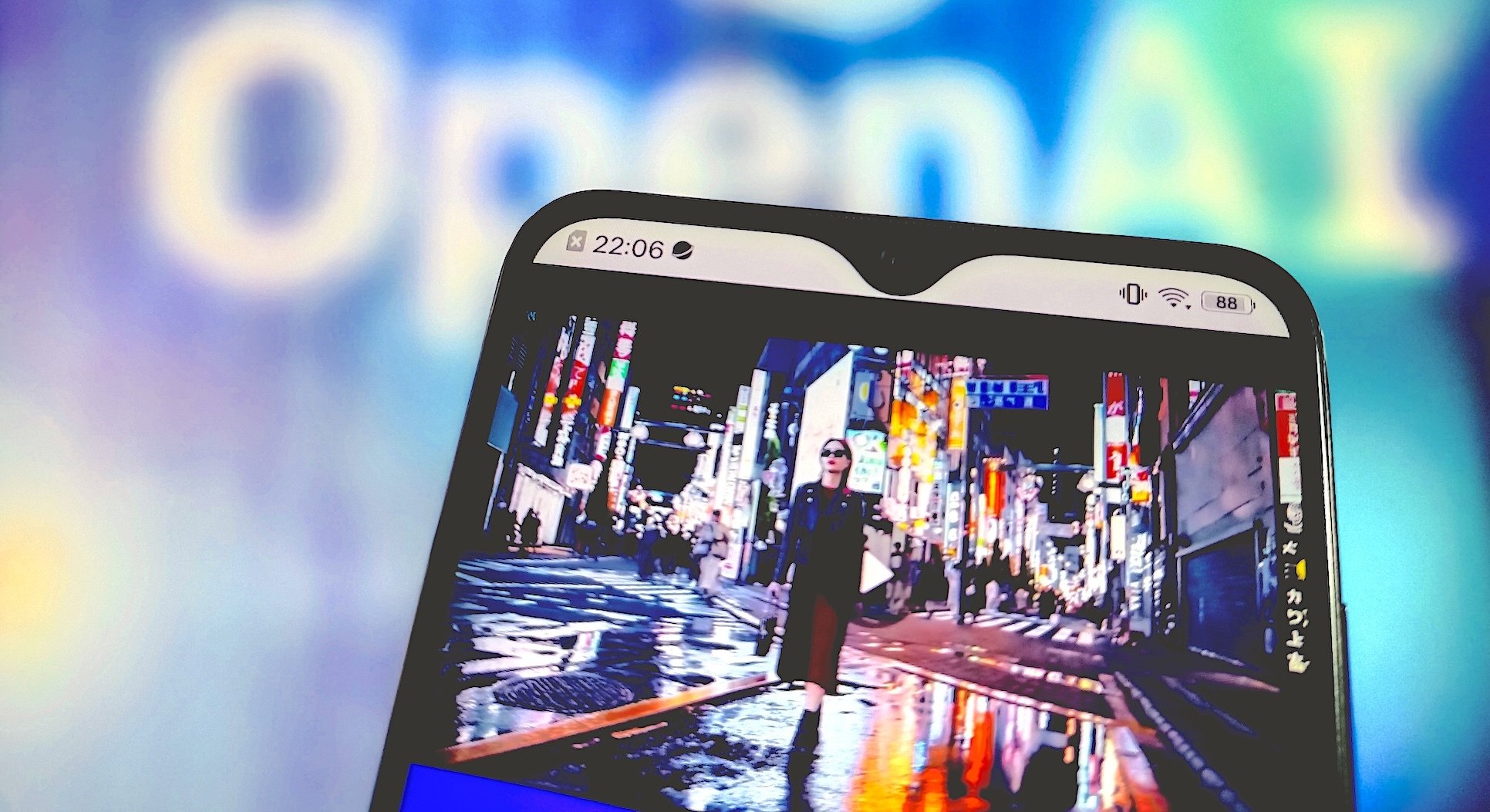 A Sora video on a phone atop the OpenAI logo