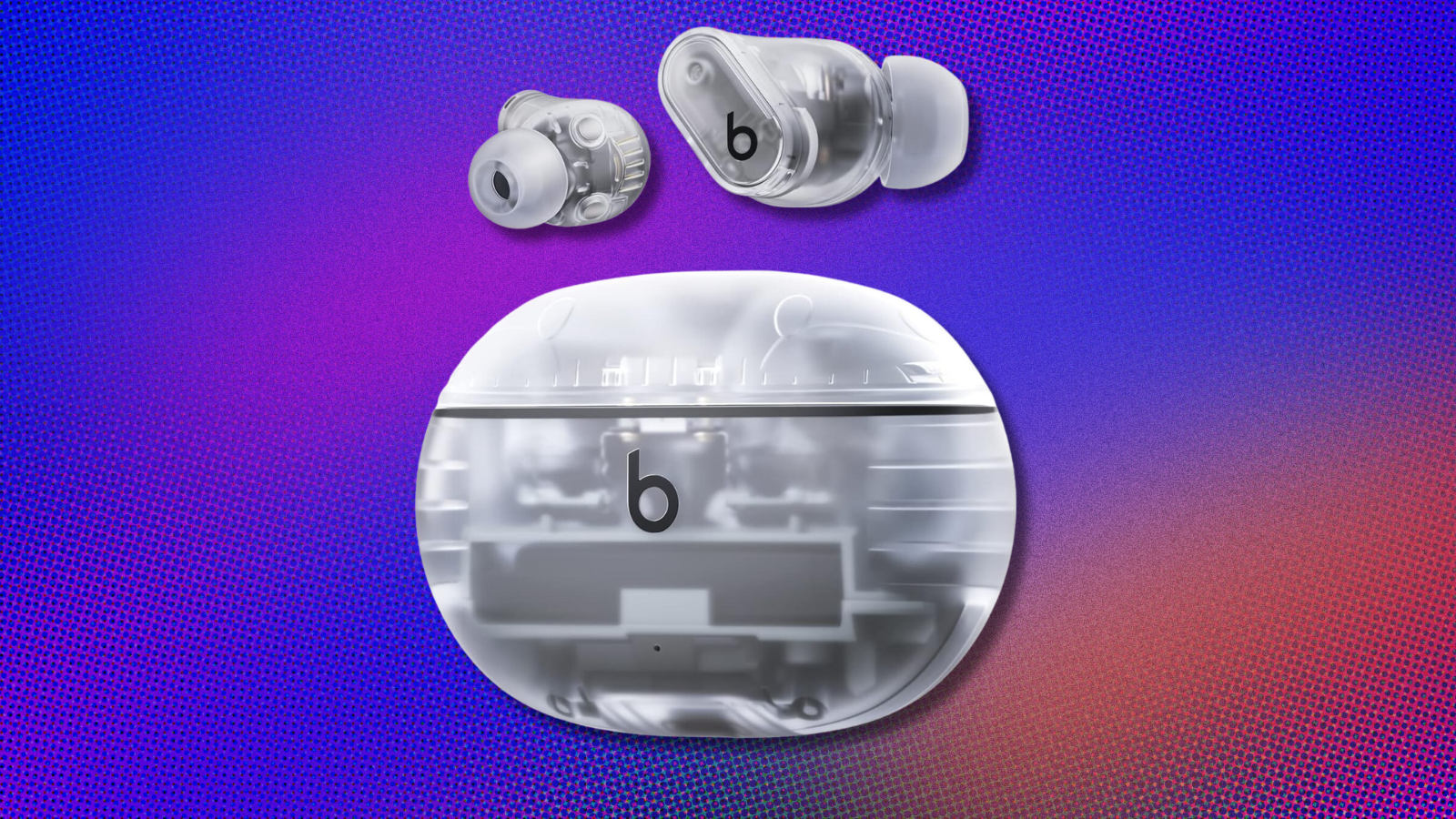 Beats Studio Buds+ on blue, purple and orange abstract background