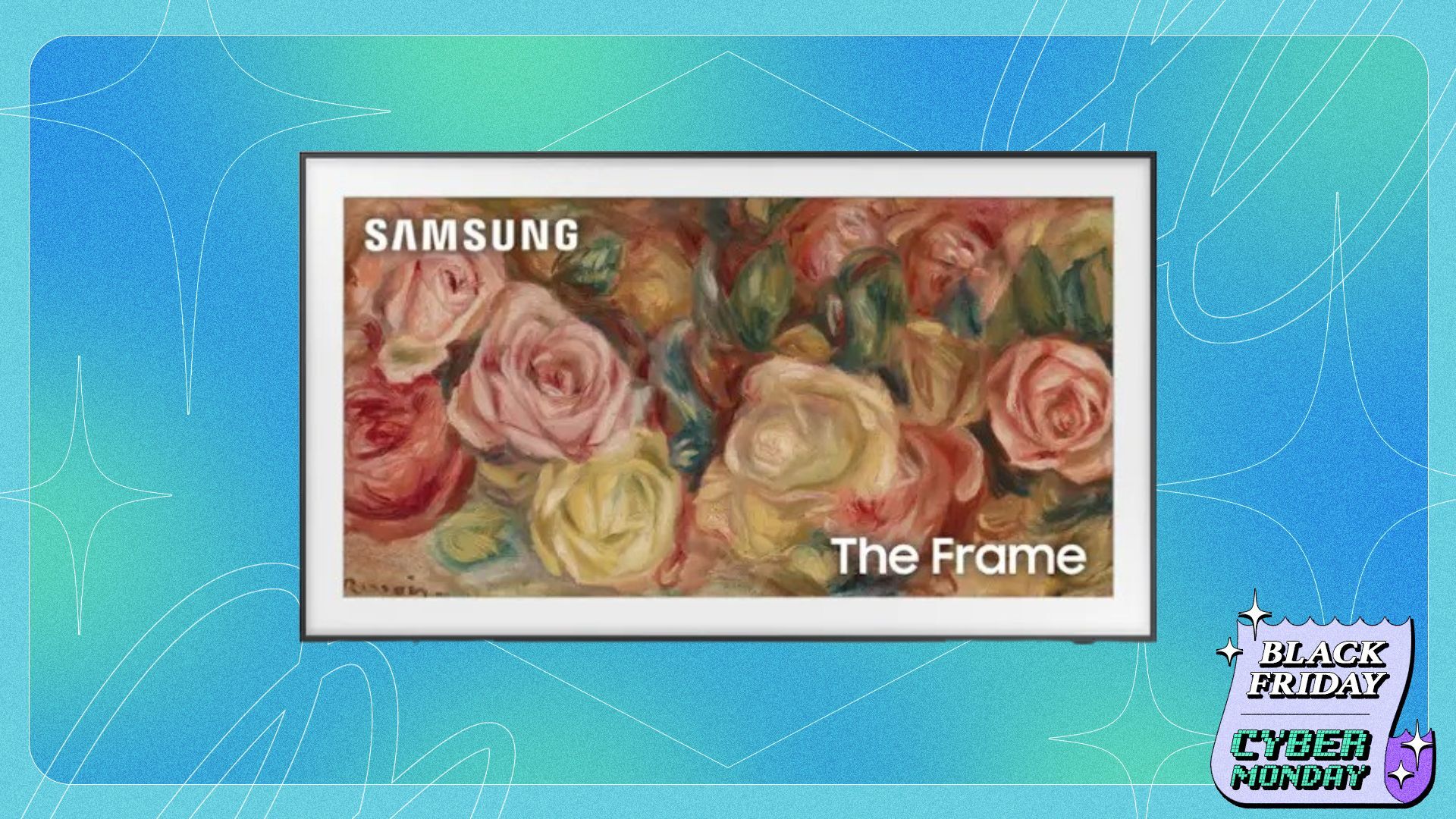 samsung the frame tv on blue background with overlay badge that reads 'black friday cyber monday'