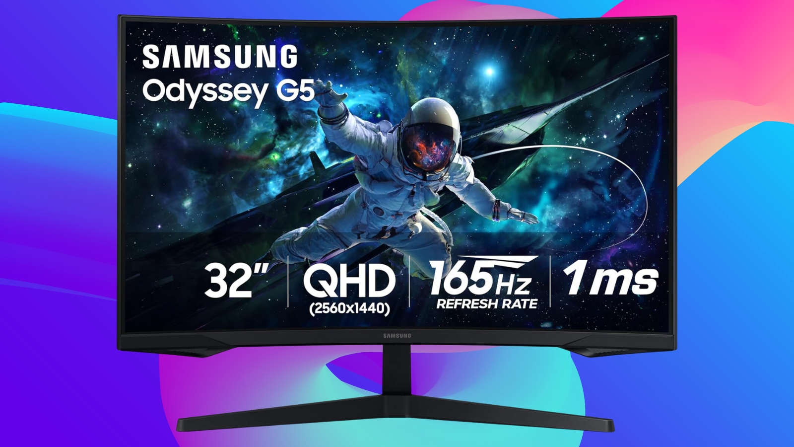 Samsung Odyssey G55C on a multicolor abstract background