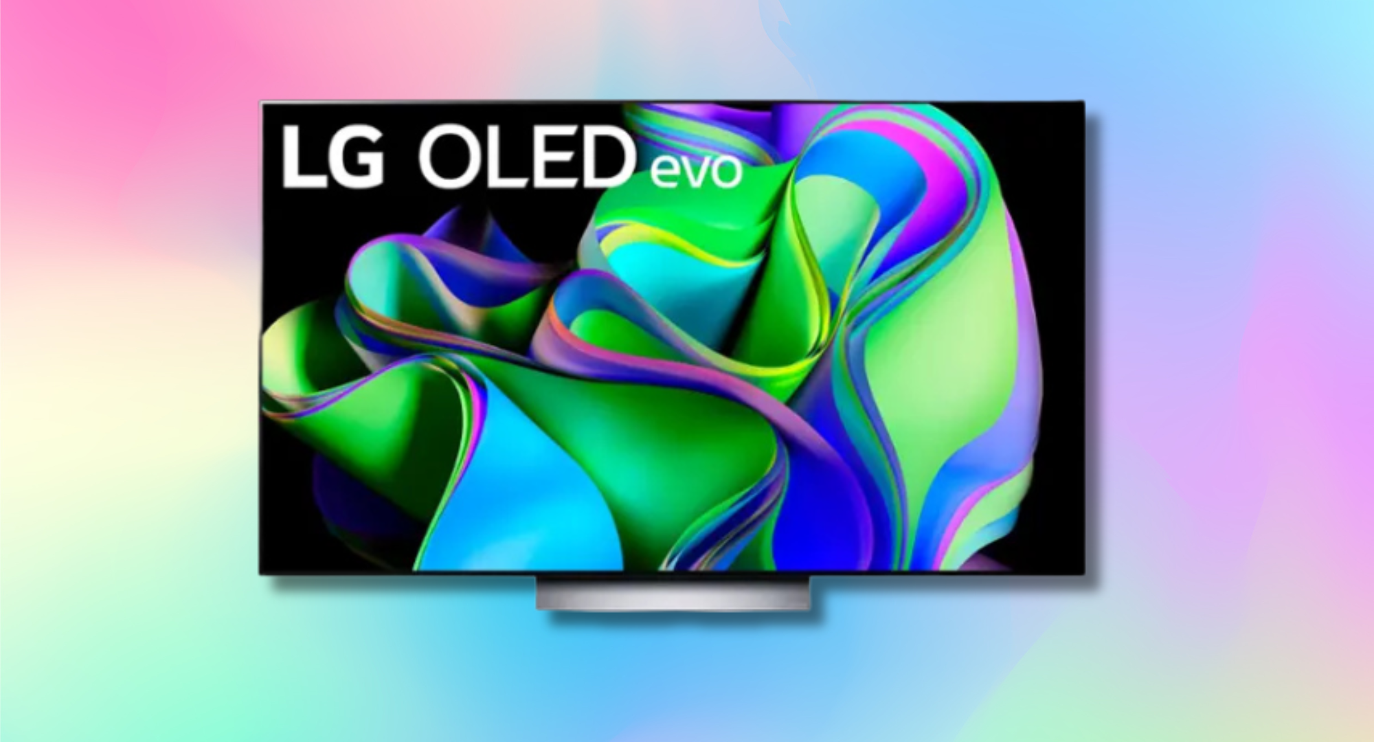 LG tv against a colorful background.